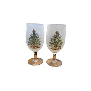 Set of 2 Spode Christmas Tree 16 Oz Frosted Glassware Goblet